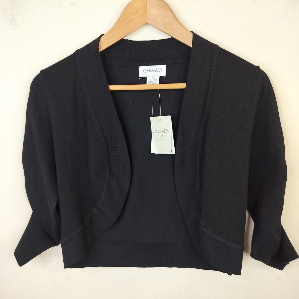 Carmen Marc Valvo Shrug Cardigan Cropped Ruched Sleeve Small Black